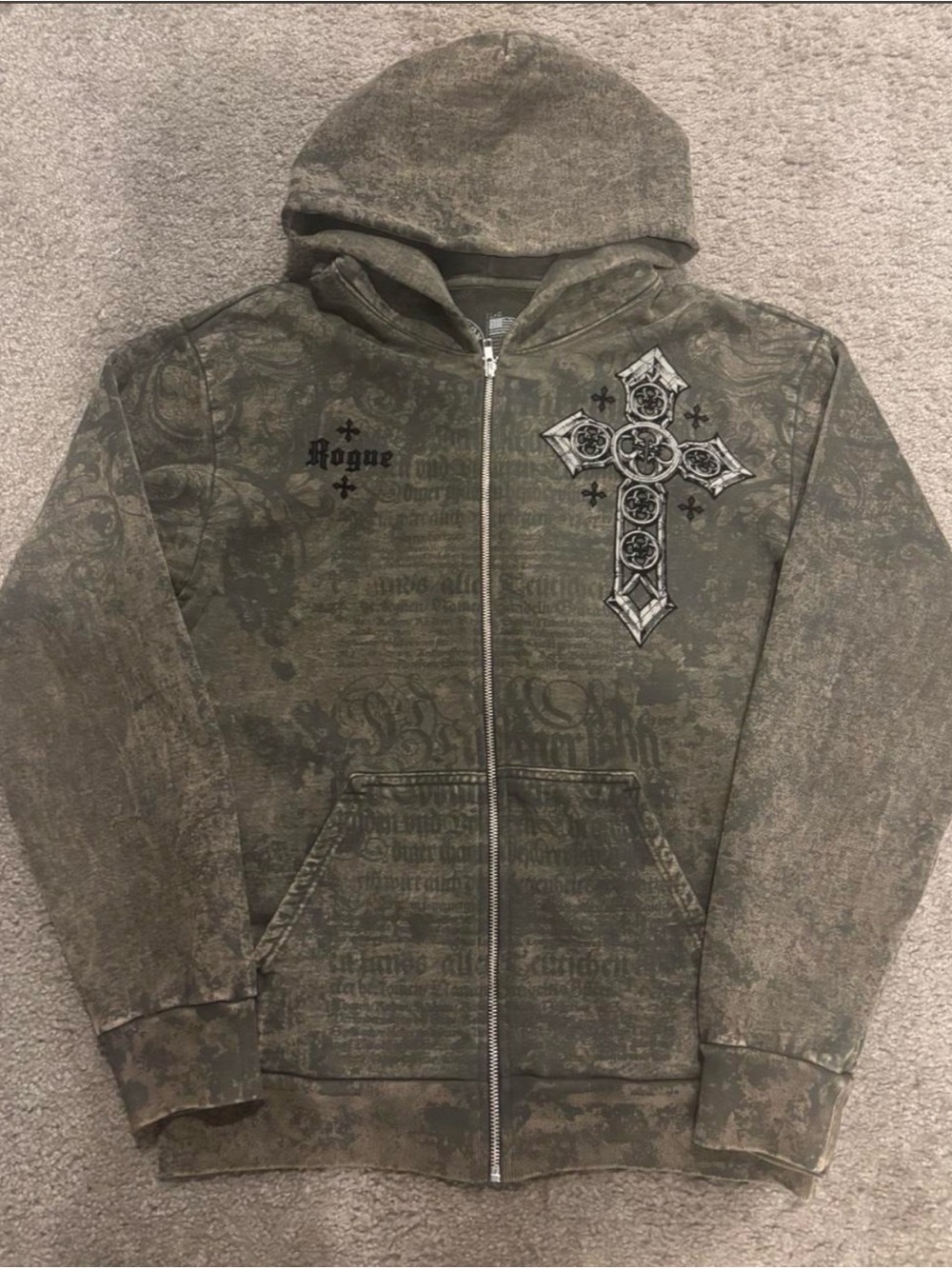 Affliction Olive Zip Hoodie with Gothic Cross Graphic